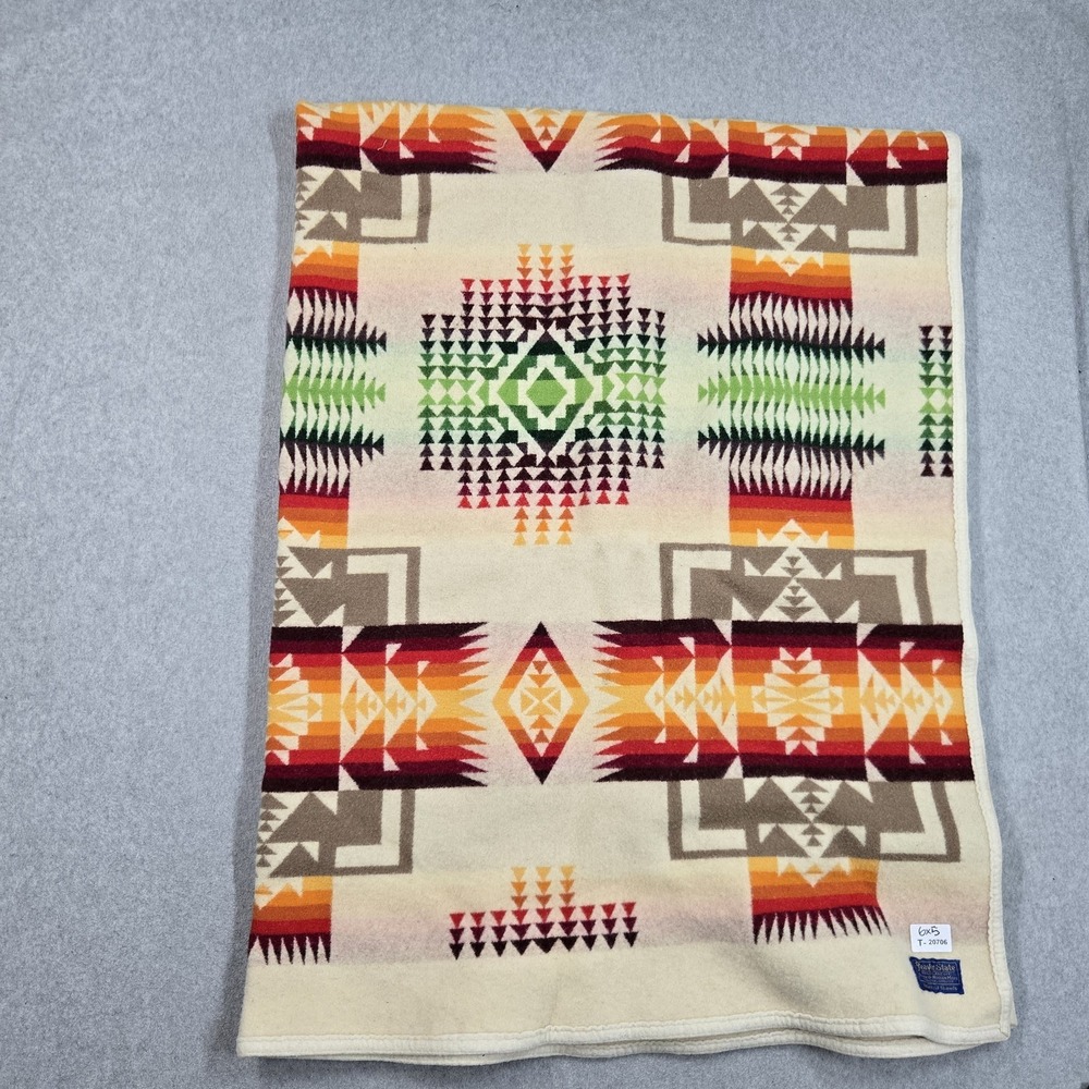 Pendleton Blanket 6x5 Beige Beaver State Wool Aztex Chief Joseph VINTAGE Throw